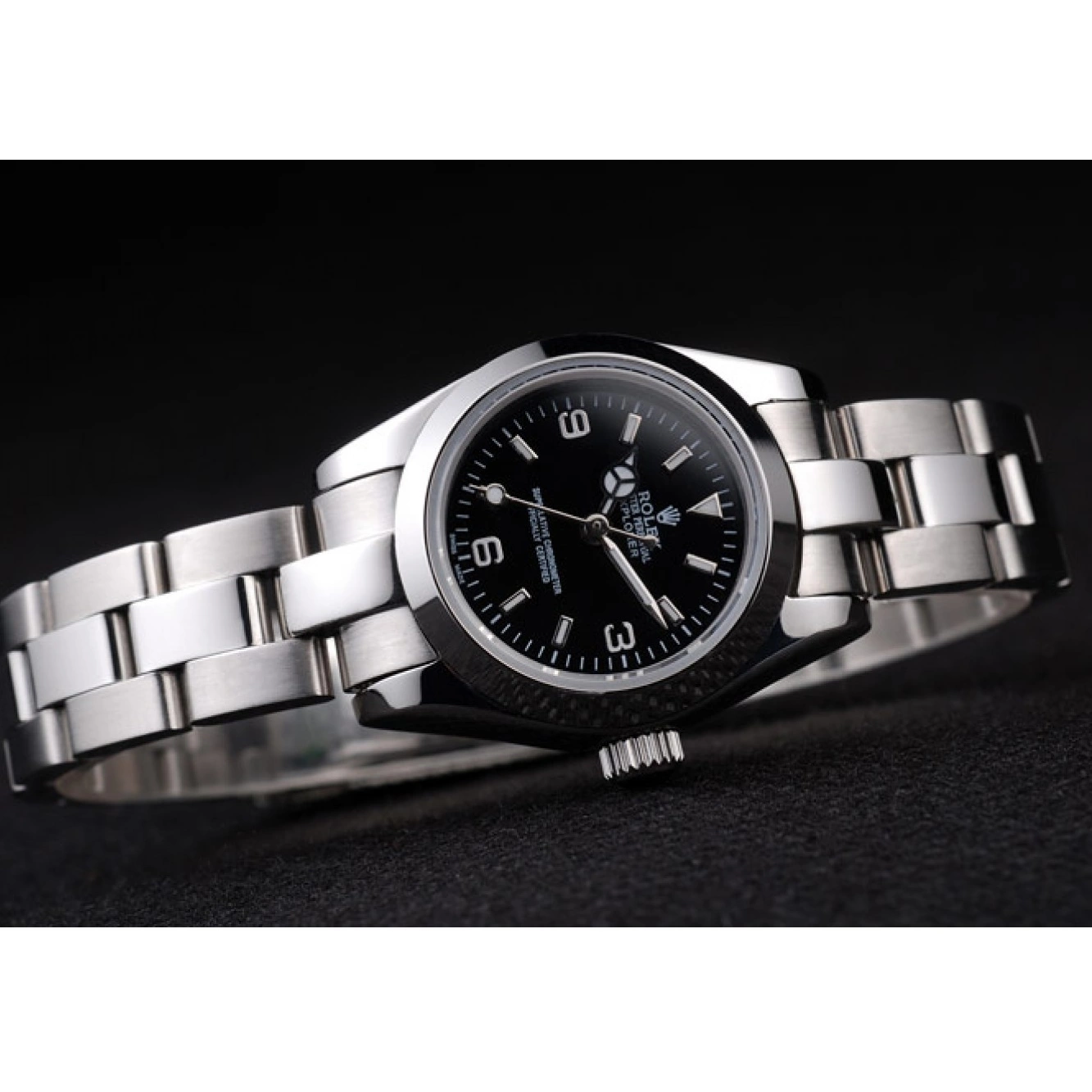 Aaa replica watch Explorer Dial Polished Stainless Steel Rolex Black 98089 0630